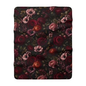Dark Vintage Rose Floral Sherpa Fleece Blanket | Burgundy Garden Throw