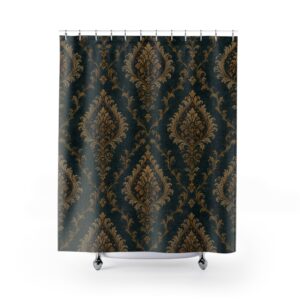 Victorian Damask Shower Curtain — Elegant Gold & Teal Bathroom Drapery