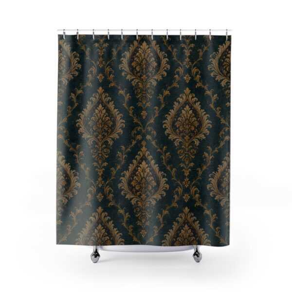 Victorian Damask Shower Curtain — Elegant Gold & Teal Bathroom Drapery