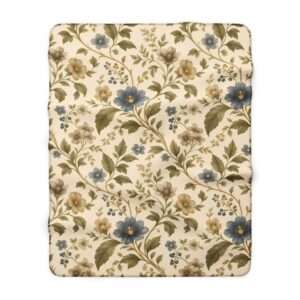 Vintage Floral Sherpa Blanket — Blue & Mustard Cottage Throw