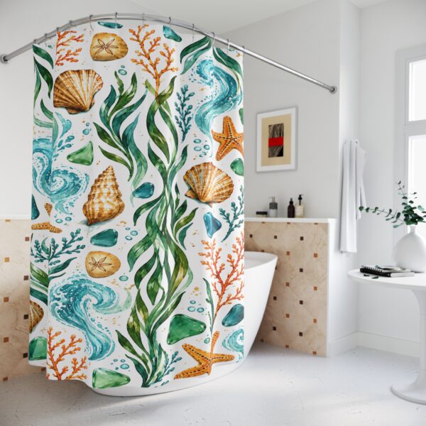 Beach Seashell Shower Curtain – Nautical Starfish & Seaweed Bathroom Decor