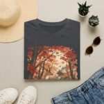 Autumn Deer Ukiyo-e T-Shirt — Rustic Fall Woodland Tee with Deer & Maple Leaves
