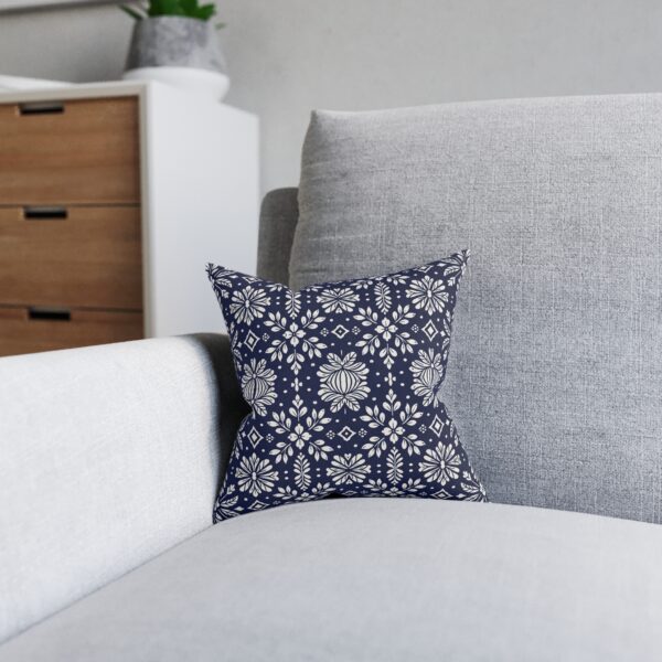 Indigo Floral Tile Pattern Square Pillow | Navy White Decorative Cushion