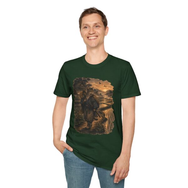 Samurai Cat Ukiyo-e T-Shirt — Sunrise Ronin in Rice Terraces