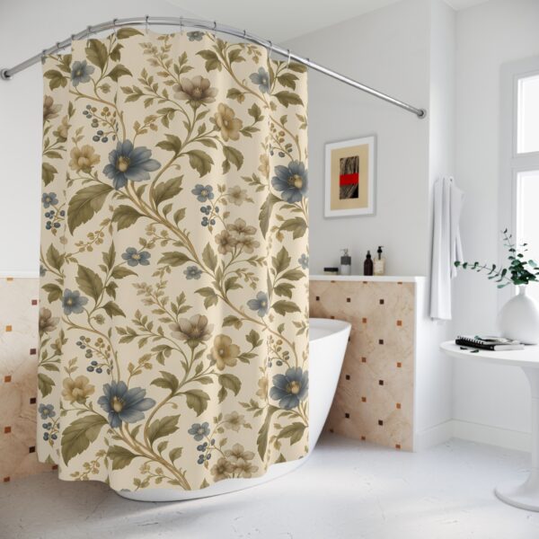 Vintage Floral Shower Curtain — Blue & Beige Cottage Garden Bathroom Decor