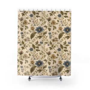 Vintage Floral Shower Curtain — Blue & Beige Cottage Garden Bathroom Decor