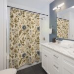 Vintage Floral Shower Curtain — Blue & Beige Cottage Garden Bathroom Decor