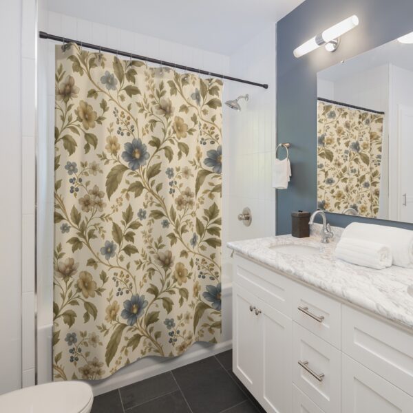 Vintage Floral Shower Curtain — Blue & Beige Cottage Garden Bathroom Decor