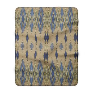 Blue Gold Geometric Diamond Pattern Sherpa Fleece Blanket | Aztec Inspired Throw