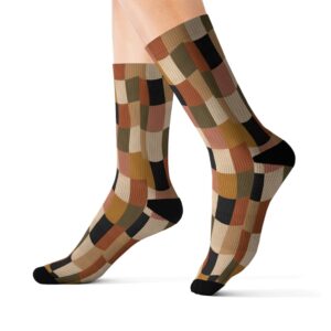 Retro Patchwork Earth Tone Geometric Crew Socks