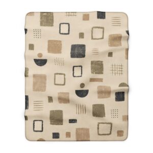 Wabi-Sabi Block Print Neutral Geometric Squares Dot Pattern Sherpa Blanket