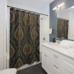 Victorian Damask Shower Curtain — Elegant Gold & Teal Bathroom Drapery