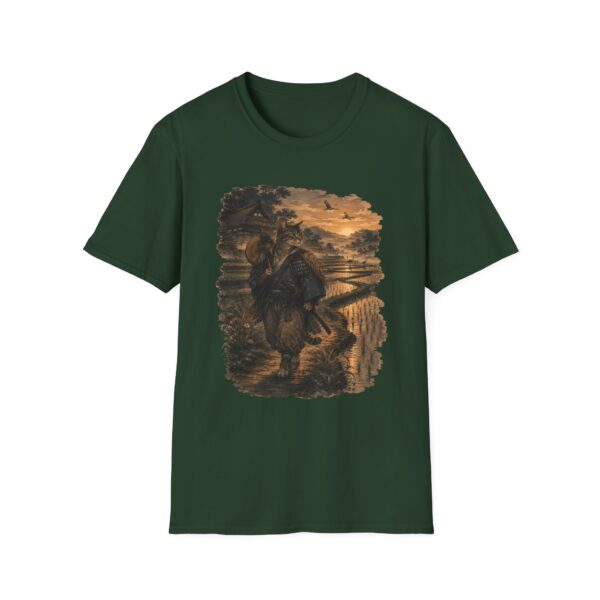 Samurai Cat Ukiyo-e T-Shirt — Sunrise Ronin in Rice Terraces