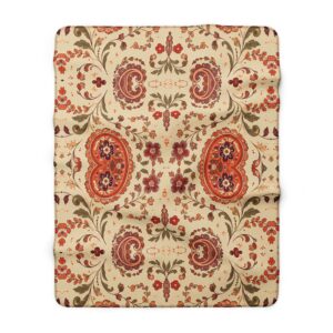 Vintage Paisley Floral Sherpa Blanket | Boho Throw, Earth Tones