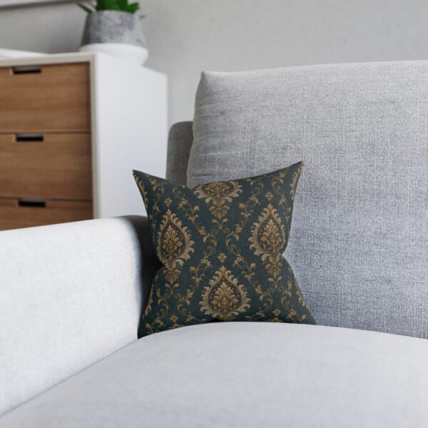 Damask Teal & Gold Square Pillow — Vintage Decorative Throw Pillow