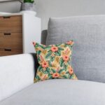 Tropical Hibiscus Floral Square Pillow | Coral Hibiscus Palm Leaf Pattern
