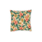 Tropical Hibiscus Floral Square Pillow | Coral Hibiscus Palm Leaf Pattern
