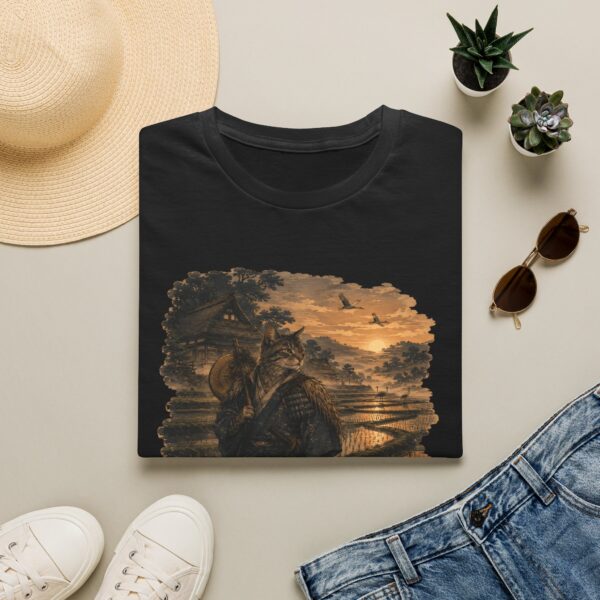 Samurai Cat Ukiyo-e T-Shirt — Sunrise Ronin in Rice Terraces
