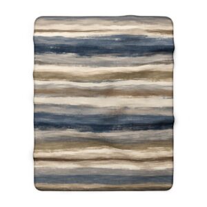 Abstract Watercolor Stripes Sherpa Fleece Blanket | Blue Taupe Horizontal Pattern