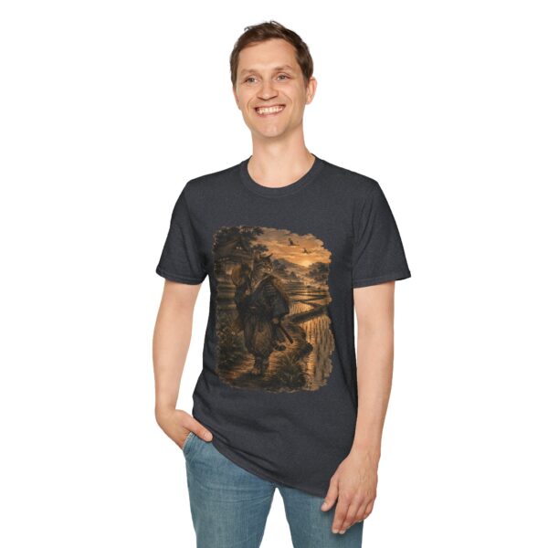 Samurai Cat Ukiyo-e T-Shirt — Sunrise Ronin in Rice Terraces