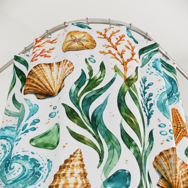 Beach Seashell Shower Curtain – Nautical Starfish & Seaweed Bathroom Decor