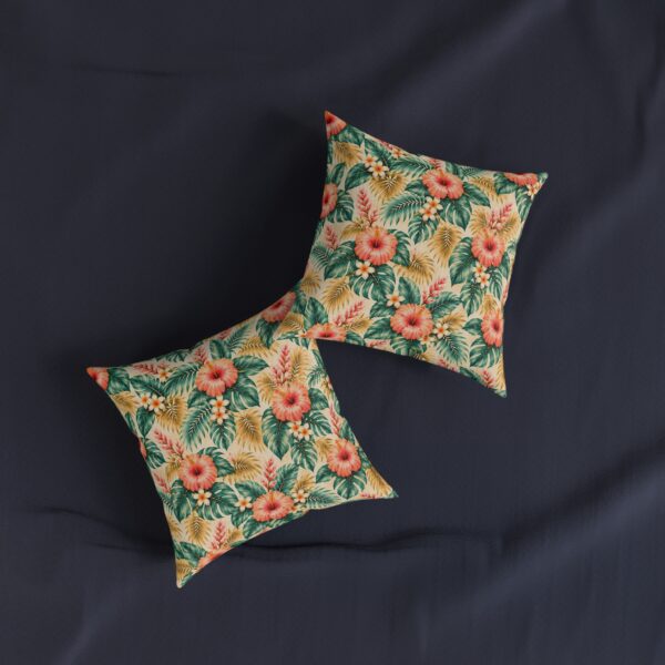 Tropical Hibiscus Floral Square Pillow | Coral Hibiscus Palm Leaf Pattern