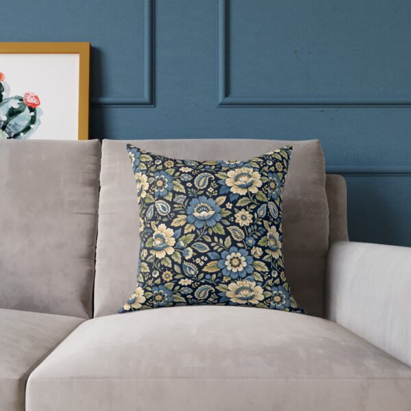 Blue Vintage Floral Pattern Square Poly Canvas Pillow | Cottagecore Botanical Throw
