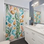 Beach Seashell Shower Curtain – Nautical Starfish & Seaweed Bathroom Decor