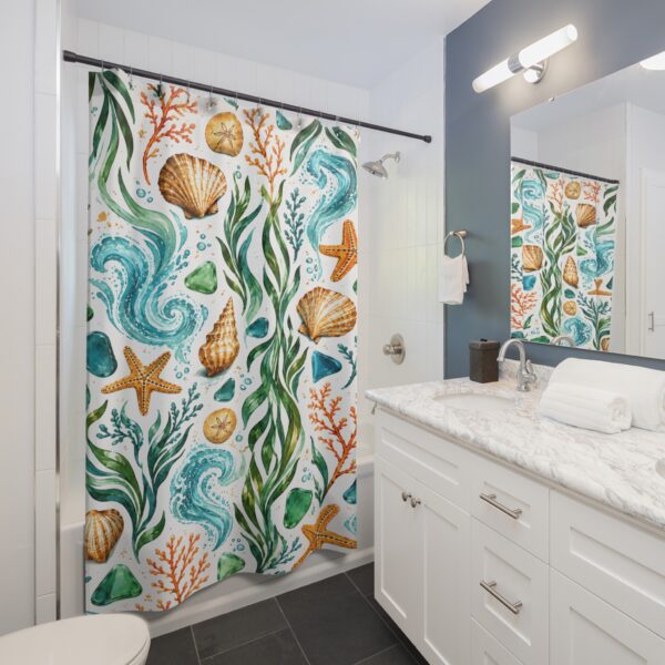 Beach Seashell Shower Curtain – Nautical Starfish & Seaweed Bathroom Decor
