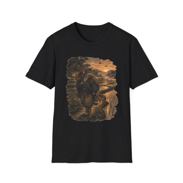Samurai Cat Ukiyo-e T-Shirt — Sunrise Ronin in Rice Terraces