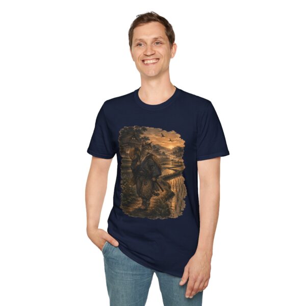 Samurai Cat Ukiyo-e T-Shirt — Sunrise Ronin in Rice Terraces