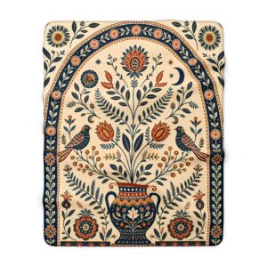 Boho Folk Art Sherpa Fleece Blanket — Floral Arch Vase Sherpa Throw