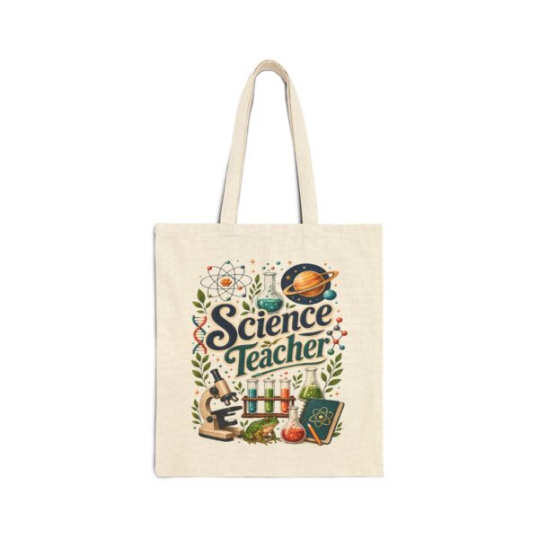 Science Teacher Canvas Tote Bag — Illustrated Microscope, Test Tubes & Planets Teacher Gift