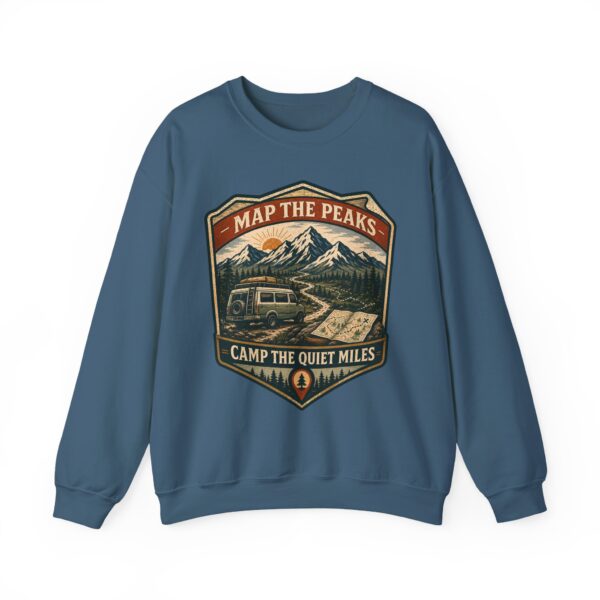 Vintage Mountain Camping Crewneck — "Map the Peaks / Camp the Quiet Miles"