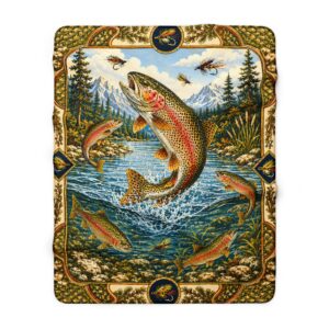 Rainbow Trout Fishing Sherpa Blanket — Cozy Vintage Trout Lake Cabin Throw