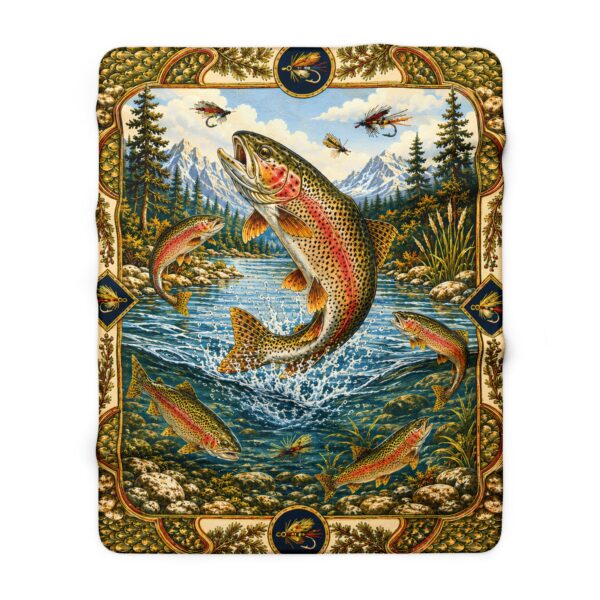 Rainbow Trout Fishing Sherpa Blanket — Cozy Vintage Trout Lake Cabin Throw