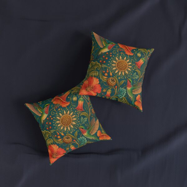 Sunflower & Hummingbird Floral Square Pillow | Vintage Garden Teal Accent