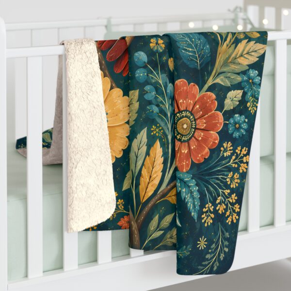 Red Cardinal Floral Sherpa Fleece Blanket — Cozy Throw with Vintage Botanical Print