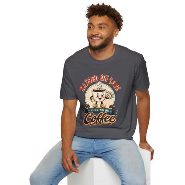 Raised on Love, Running on Coffee T-Shirt — Cute Coffee Lover Tee