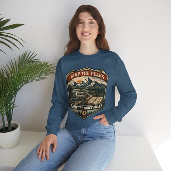 Vintage Mountain Camping Crewneck — "Map the Peaks / Camp the Quiet Miles"