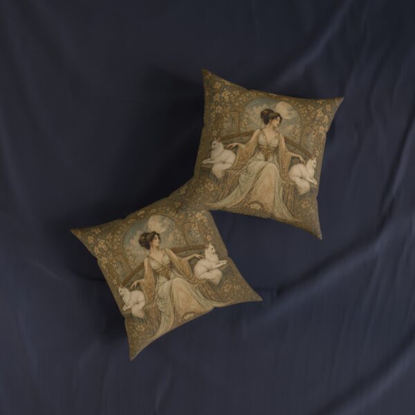 Art Nouveau Cat Lady Square Pillow — Vintage Woman with White Cats Decorative Throw Pillow