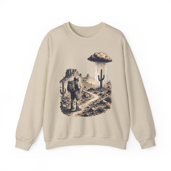 Desert Hiker with Lone Raincloud Crewneck Sweatshirt | Western Cactus Illustration
