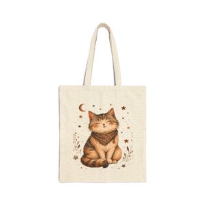 Boho Cat Canvas Tote — Smiling Tabby Moon & Stars