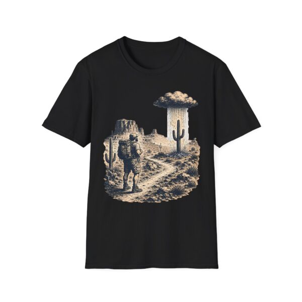Desert hiker with lone raining cactus T-Shirt | Monochrome screenprint