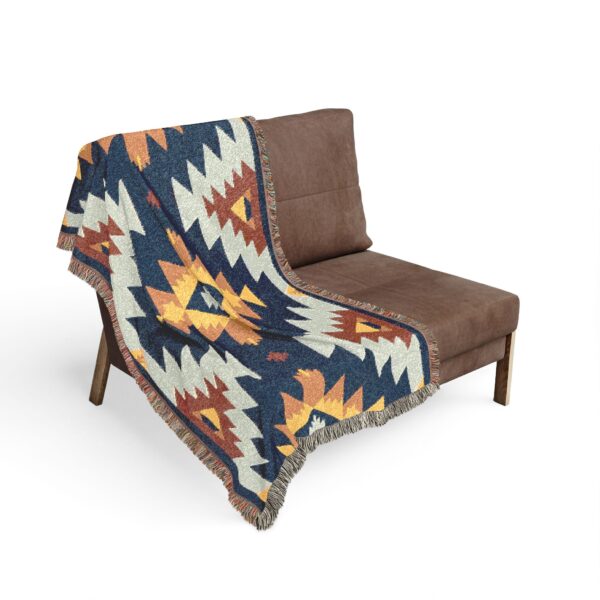 Woven Blanket - Aztec Southwestern Pattern Print in Navy Blue, Burnt Orange, Yellow, Gold, and White