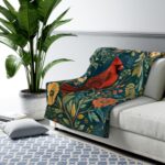 Red Cardinal Floral Sherpa Fleece Blanket — Cozy Throw with Vintage Botanical Print
