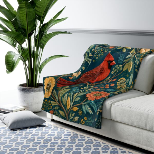 Red Cardinal Floral Sherpa Fleece Blanket — Cozy Throw with Vintage Botanical Print