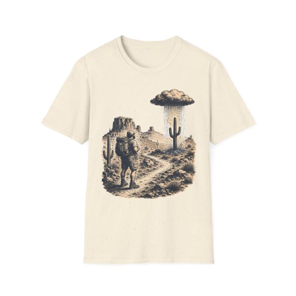 Desert hiker with lone raining cactus T-Shirt | Monochrome screenprint