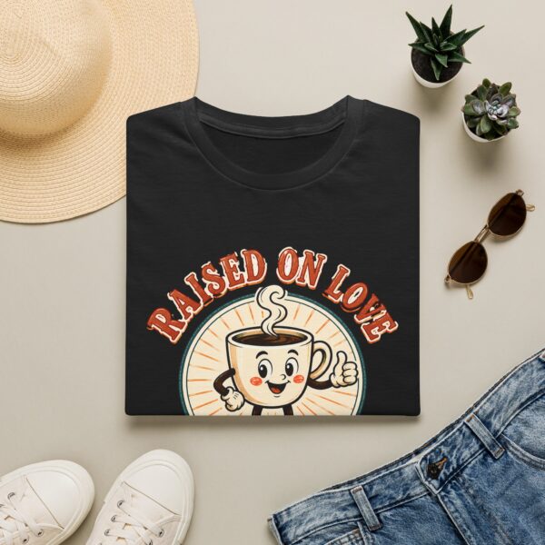 Raised on Love, Running on Coffee T-Shirt — Cute Coffee Lover Tee