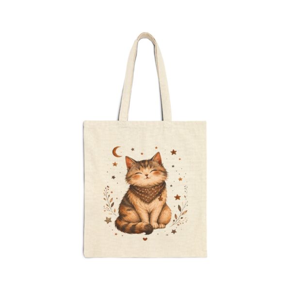 Boho Cat Canvas Tote — Smiling Tabby Moon & Stars